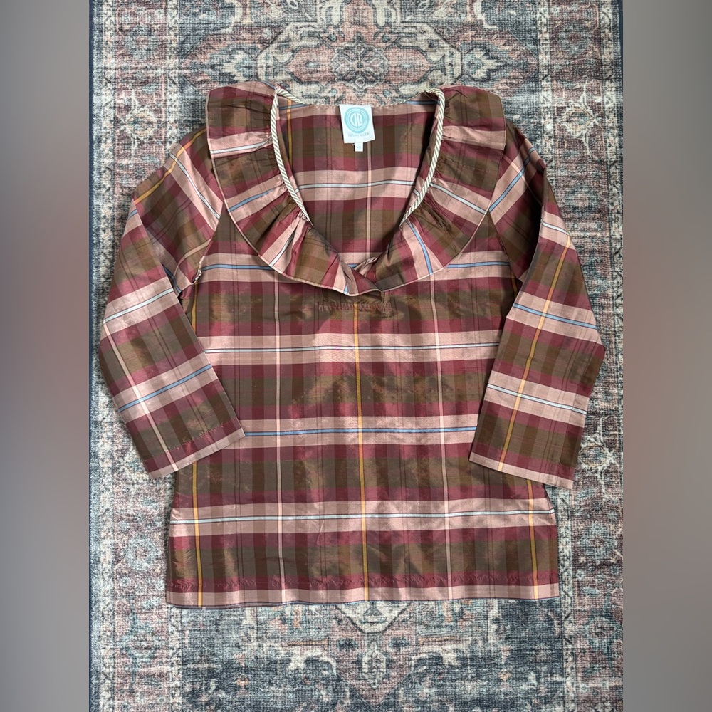 Devon Baer plaid silk blouse top Plaid Ruffle Neck Blouse
